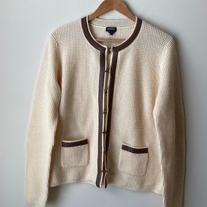 Beautiful cream colored cardigan with leather trim by Worth